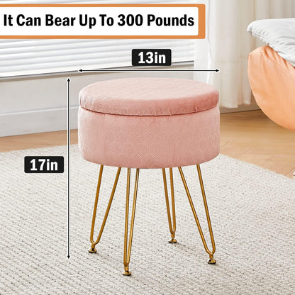 Cpintltr Footrest Footstools Round Velvet Ottoman with Storage Space Soft Vanity Chair with Memory Foam Seat Small Side Table Hallway Step Stool 4 Gold Metal Legs with Adjustable Footings Champagne