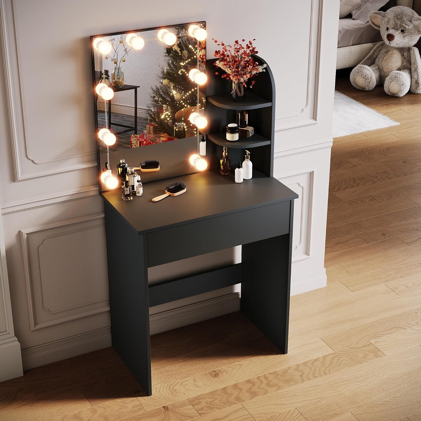 SONNI Dressing Table with LED Lighting and HD Mirror, with 10 Adjustable Brightness, 3 Colours, Dressing Tables with Drawers for Bedroom, 3 Open Compartments, Black, 70 x 40 x 140 cm