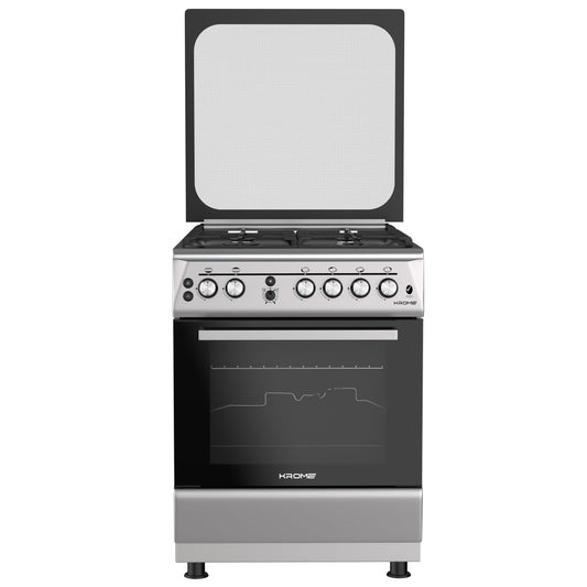 KROME 60x60cm Free Standing Cooker, Cast Iron,Gas Oven, Full Gas Ignition with 4 Burners, Stainless Steel Cooking Range, Double Knob Control, Full Safety, MADE IN TURKEY, INOX, KR-CR 606KF