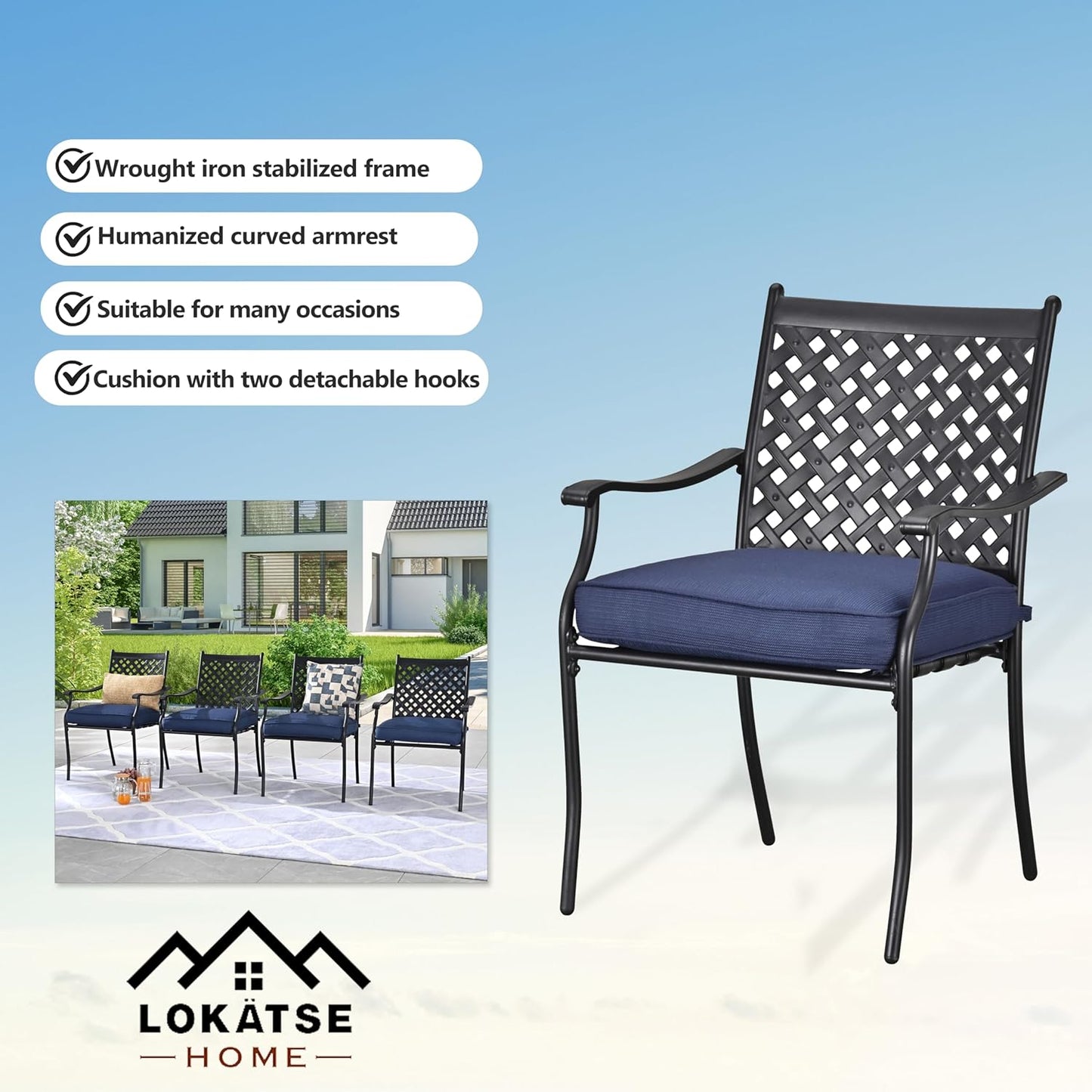 LOKATSE HOME 5 PCS Outdoor Patio Dining Set 4 Armchair with Cushions and 1 Round Table with 2.04" Umbrella Hole, Khaki