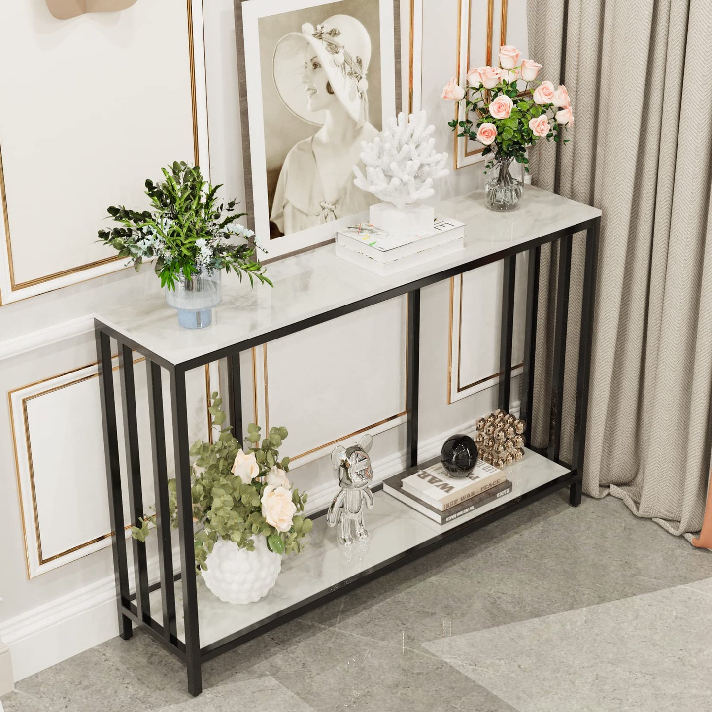 White Console Table for Entryway: Sintered Stone Hallway Desk Narrow High Gloss Marble Table Top with Bottom Shelf Modern Accent Sofa Side Foyer Living Room Table, 120x30x78CM