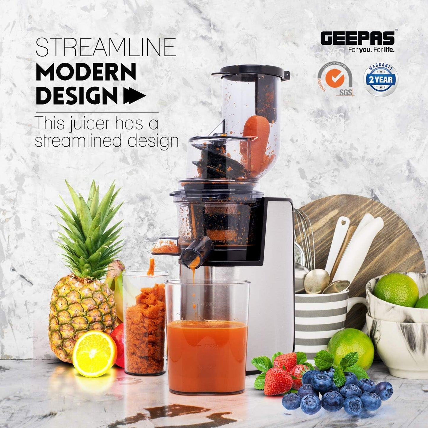 Geepas Gsj44019Uk 200W Masticating Slow Juicer Machine Cold Press Juicer, 80 mm Big Wide Mouth, Creates Fresh Healthy, High Nutrient Vegetable & Fruit Juice Quiet Motor Reverse Function, White