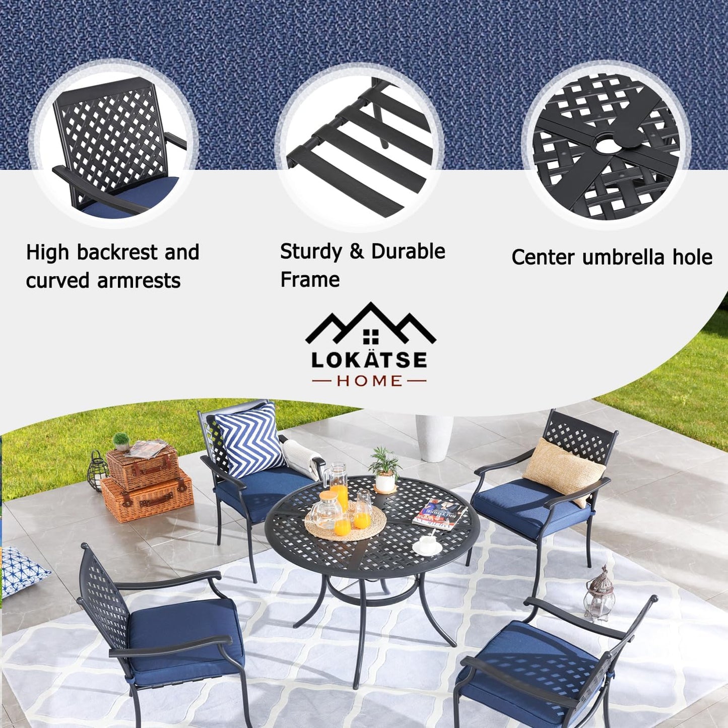 LOKATSE HOME 5 PCS Outdoor Patio Dining Set 4 Armchair with Cushions and 1 Round Table with 2.04" Umbrella Hole, Khaki