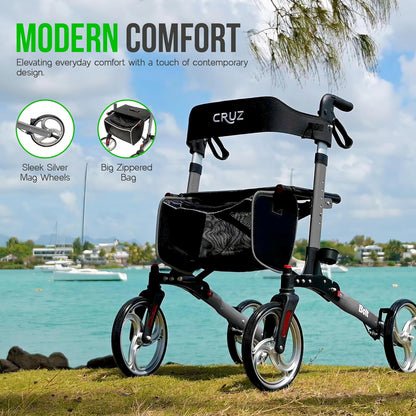 BeBrig Med Bolt Walker Rollator - Compact, Lightweight, and Durable Mobility Aid for Seniors, Walkers with Seat, Wheels, Cup and Cane Holder, Hidden Cables, Indoor and Outdoor Use (Silver)