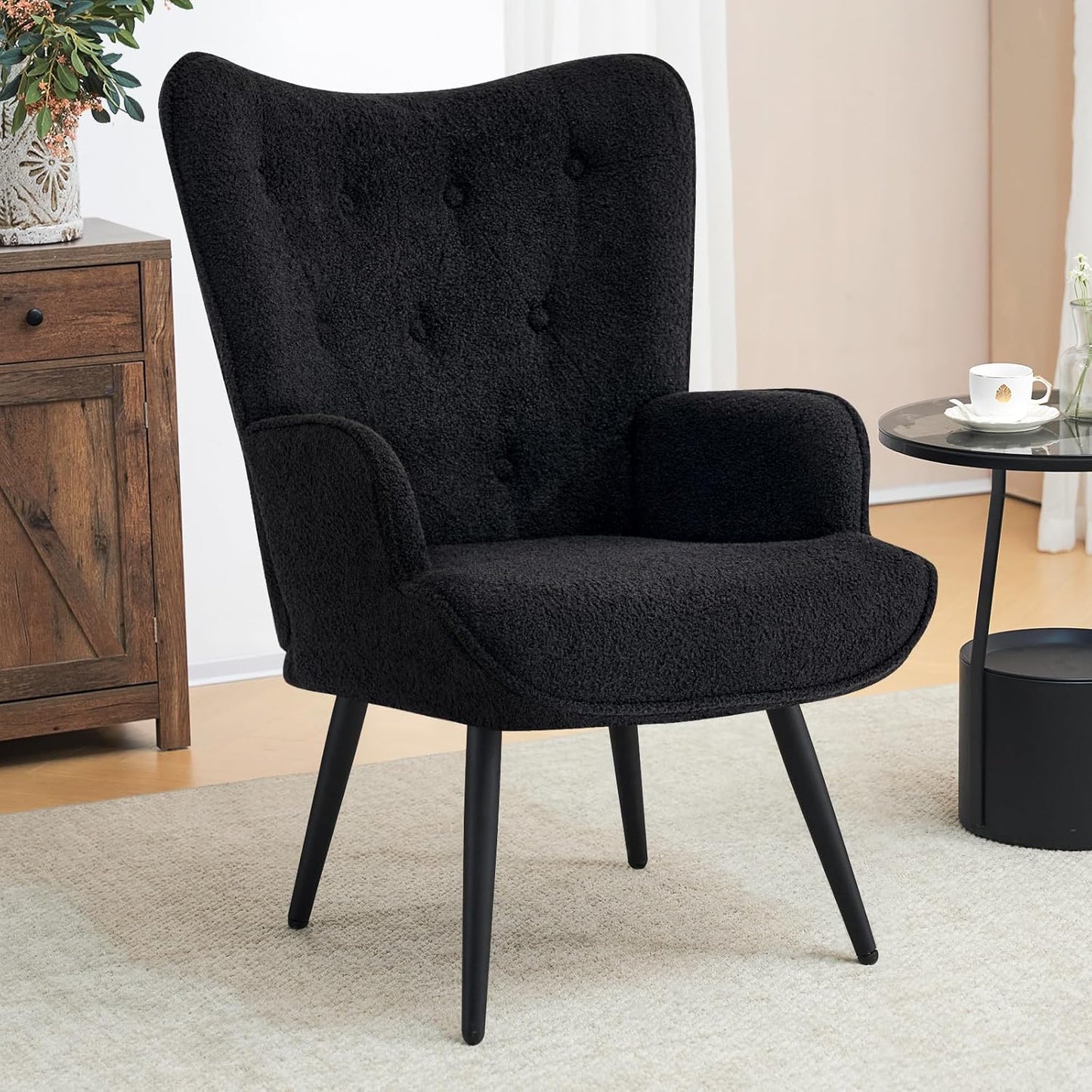 Furniliving Velvet Accent Chair Modern Upholstered Side Armchair with Tapered Legs Tufted Button Wingback Sofa Chairs Tall Back Reading for Living Room Bedroom Waiting Room, Black