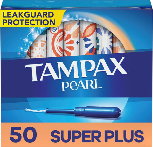 Tampax Pearl Tampons Super Plus Absorbency, with Leakguard Braid, Unscented, 50 Count