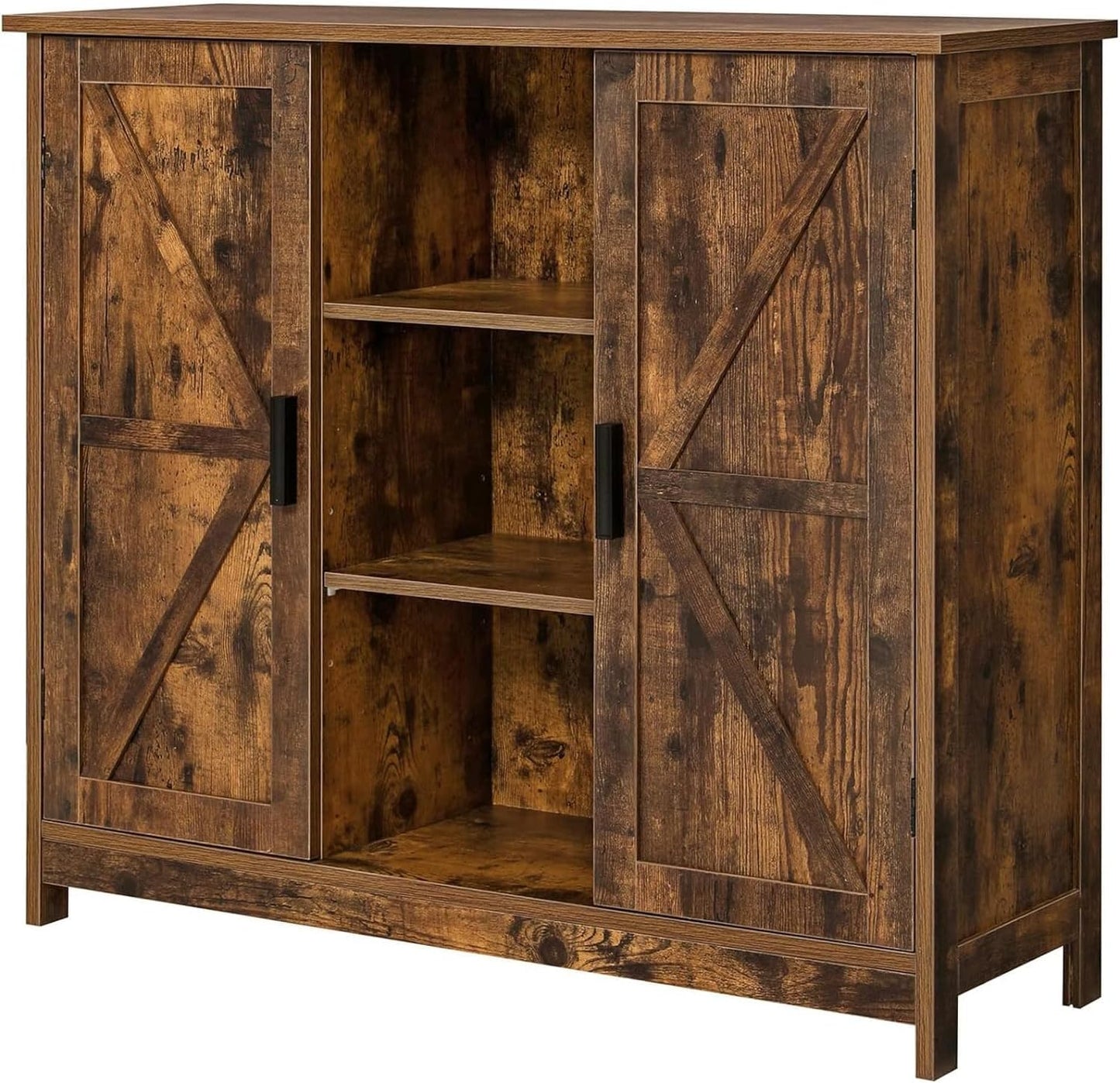 ROYAL POLAR Kitchen Cabinet Buffet Cabinet Storage Cabinet with 2 Barn Doors and 3 Adjustable Shelves, Open Compartment Storage Sideboard for Dining Room, Living Room， Rustic Brown