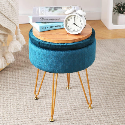 Cpintltr Footrest Footstools Round Velvet Ottoman with Storage Space Soft Vanity Chair with Memory Foam Seat Small Side Table Hallway Step Stool 4 Gold Metal Legs with Adjustable Footings Champagne