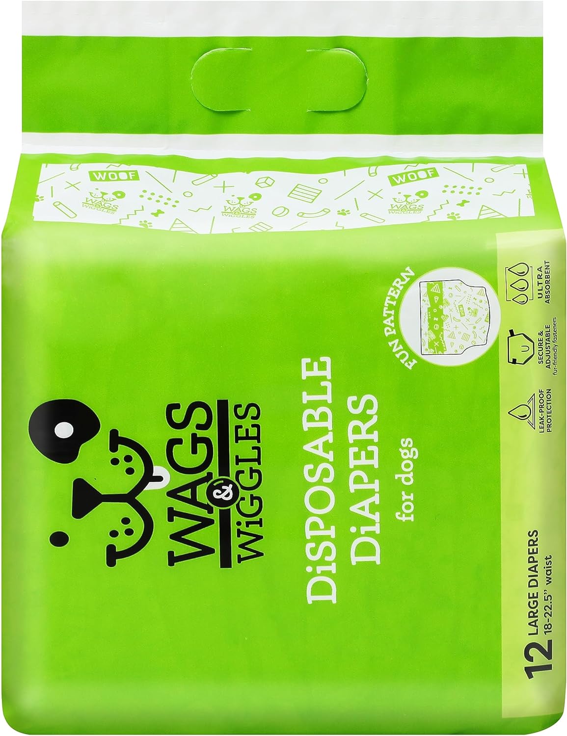 Wags & Wiggles Female Dog Diapers | Doggie Diapers for Female Dogs | Medium Dog Diapers, 16.5"-21" Waist - 12 Pack