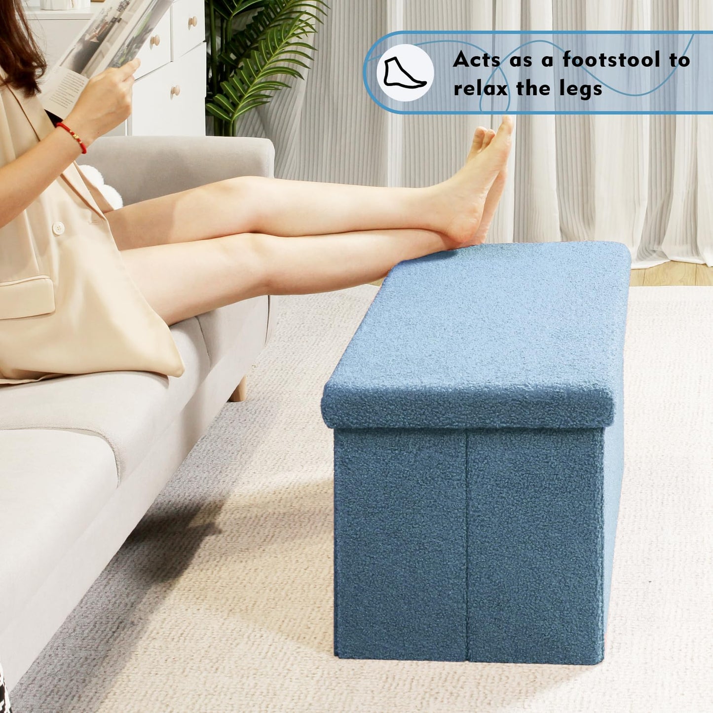 PINPLUS Storage Ottoman Foot Rest Stool, White Folding Sherpa Ottoman, Ottoman with Storage, Teddy Velvet Ottoman for Living Room, Bedroom, Dorm, 16.5" x 12.6" x 12.6"