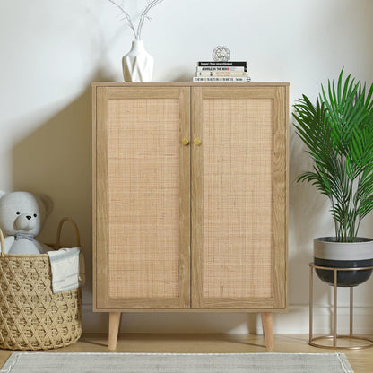 Anmytek Rattan Cabinet, 44" H Tall Sideboard Storage Cabinet with Crafted Rattan Front, Entryway Shoe Cabinet Wood 2 Door Accent Cabinet with Adjustable Shelves Rustic Oak, H0030