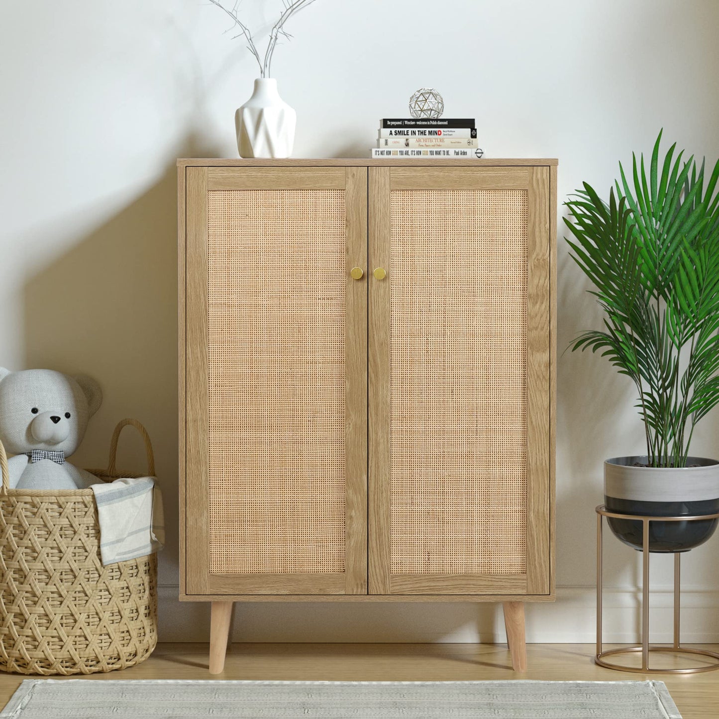 Anmytek Rattan Cabinet, 44" H Tall Sideboard Storage Cabinet with Crafted Rattan Front, Entryway Shoe Cabinet Wood 2 Door Accent Cabinet with Adjustable Shelves Rustic Oak, H0030