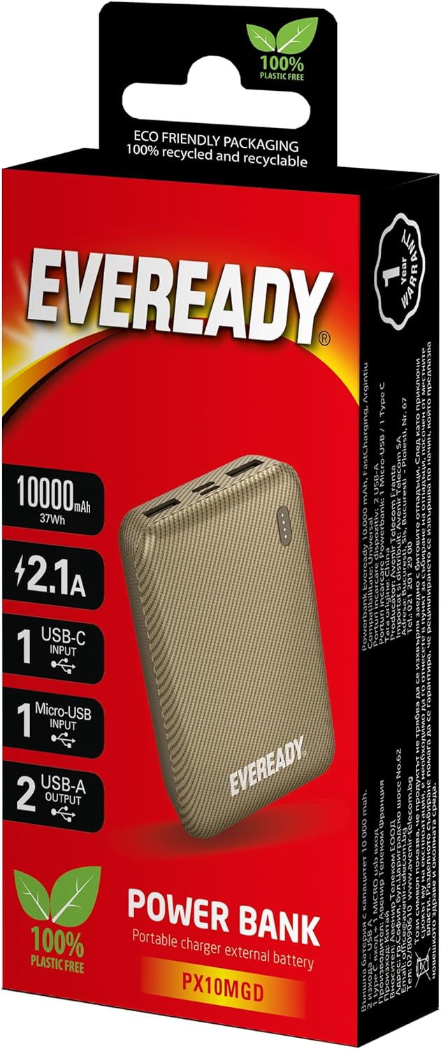 Energizer Eveready Fast Charger Portable Power Bank Mini 10000mAh - Compact Battery w/Charge Indicator, 1x USB-C, 1x Micro USB, 2x USB-A, for Apple iPhone, iPad, Airpods, Android, Samsung - Gold - CaveHubs