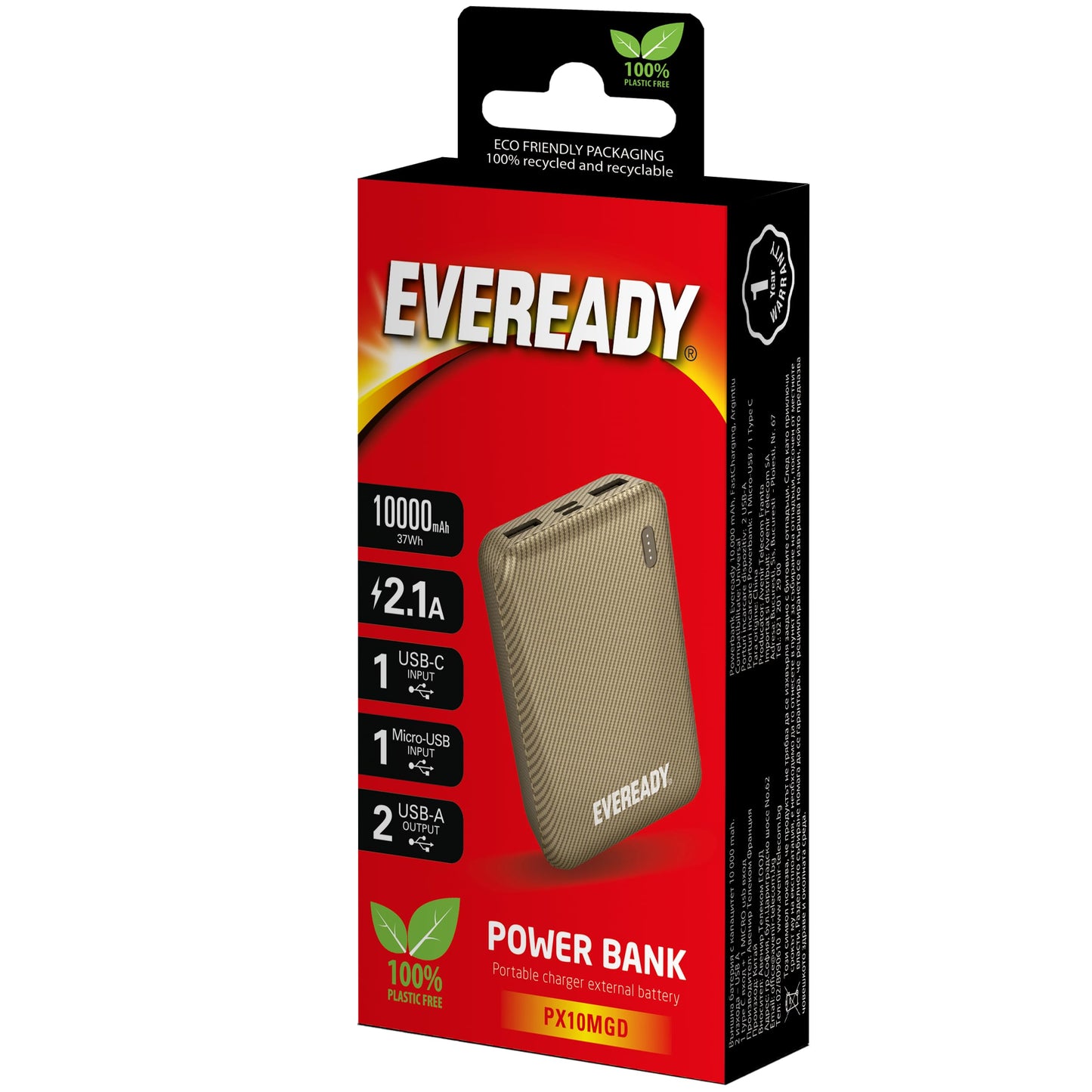 Energizer Eveready Fast Charger Portable Power Bank Mini 10000mAh - Compact Battery w/Charge Indicator, 1x USB-C, 1x Micro USB, 2x USB-A, for Apple iPhone, iPad, Airpods, Android, Samsung - Gold - CaveHubs