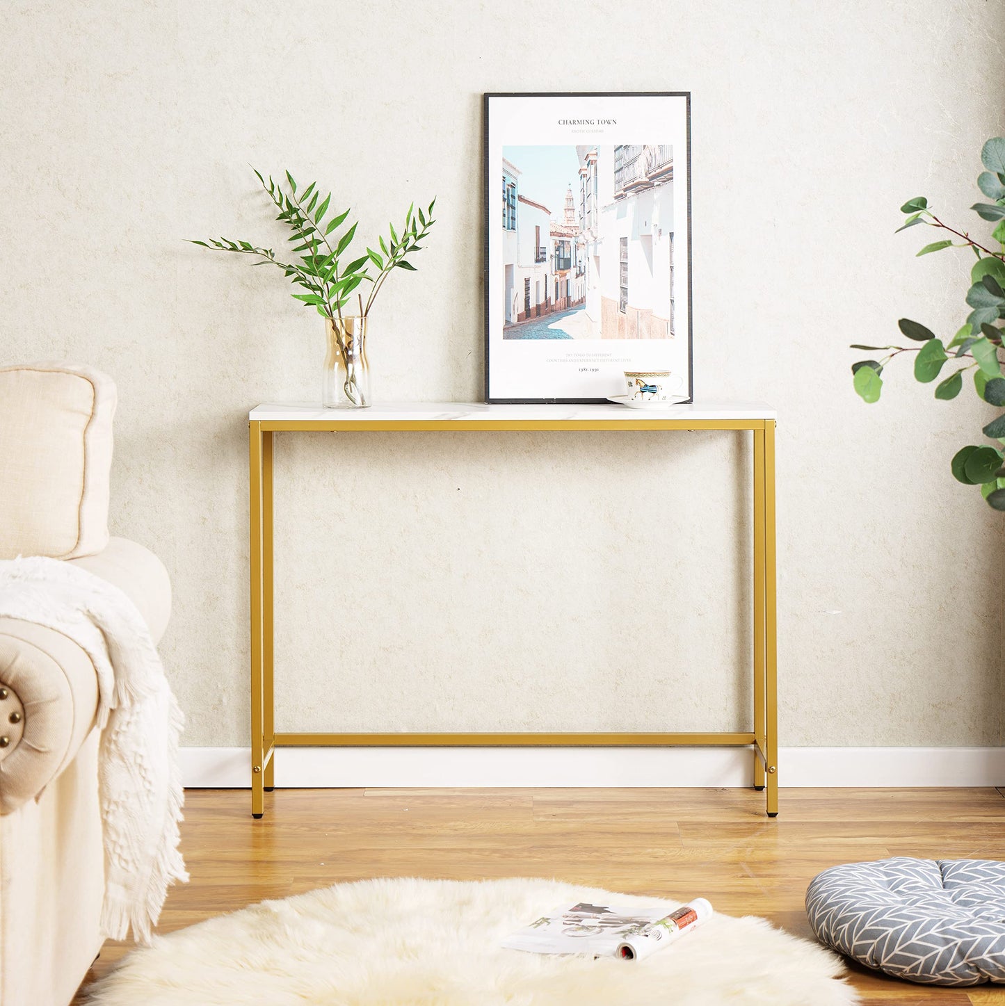 loglus Console Table for Entryway, Faux Marble MDF Sofa Table with Golden Frame (Double Layer, White Marble)