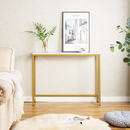 loglus Console Table for Entryway, Faux Marble MDF Sofa Table with Golden Frame (Double Layer, White Marble)