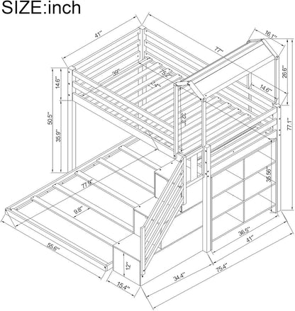 MOEO Twin Over Full House Roof Bunk Bed with Staircase and Shelves, Bedroom Wooden Bunkbed Fram w/Storage, Guard Rails for Kids, Teens, Adults, No Box Spring Required, Gray