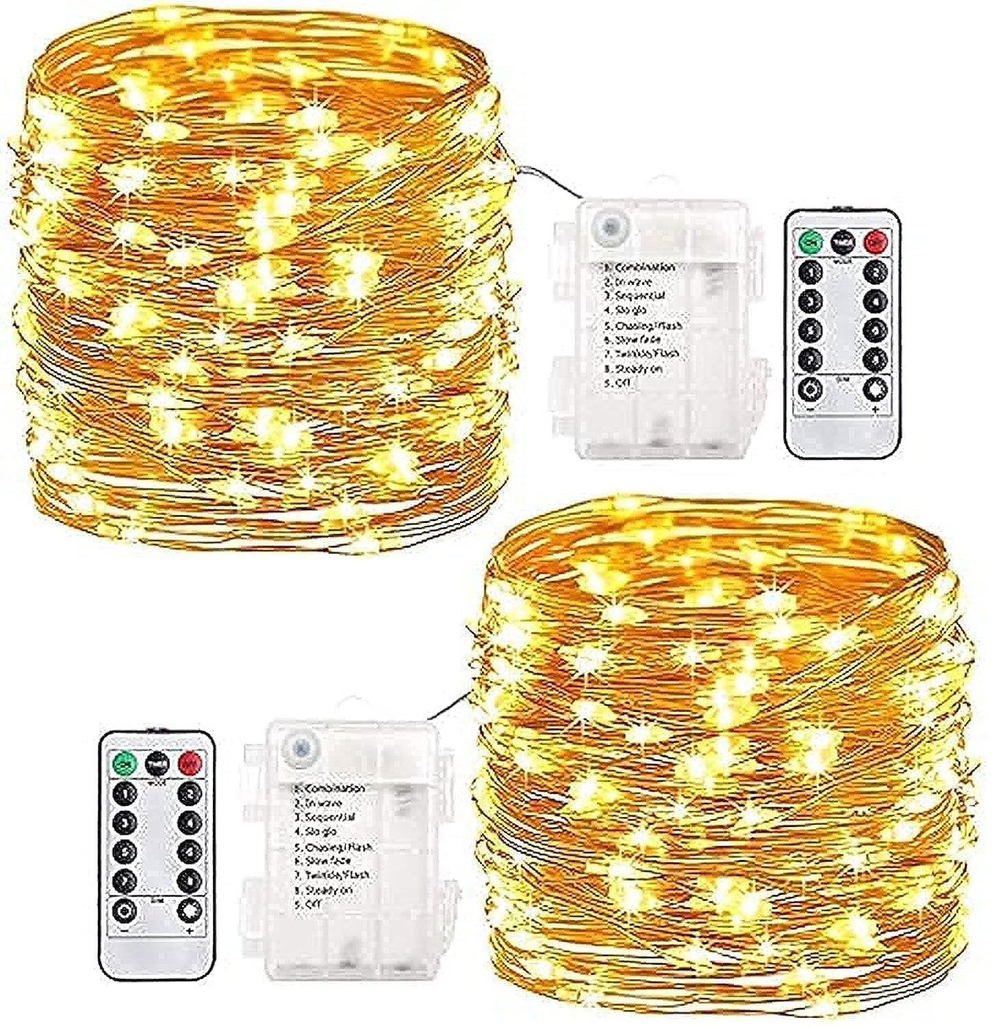 Wishlink Pack of 2Pcs 33ft 100 LEDs Outdoor String Lights Battery Operated Fairy Lights 8 Mode Waterproof Copper Wire Lights for Bedroom, Garden, Easter, Xmax Decoration (Warm White)