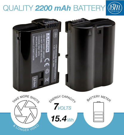 BM Premium 2 Pack of EN-EL15B Batteries and Dual Battery Charger for Nikon Z6, Z7, D850, D7500, 1 V1, D500, D600, D610, D750, D800, D800E, D810, D810A, D7000, D7100, D7200 Digital Cameras