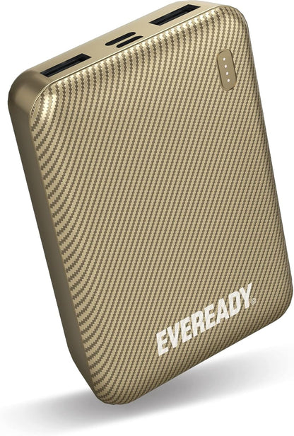 Energizer Eveready Fast Charger Portable Power Bank Mini 10000mAh - Compact Battery w/Charge Indicator, 1x USB-C, 1x Micro USB, 2x USB-A, for Apple iPhone, iPad, Airpods, Android, Samsung - Gold - CaveHubs