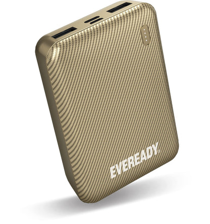 Energizer Eveready Fast Charger Portable Power Bank Mini 10000mAh - Compact Battery w/Charge Indicator, 1x USB-C, 1x Micro USB, 2x USB-A, for Apple iPhone, iPad, Airpods, Android, Samsung - Gold - CaveHubs