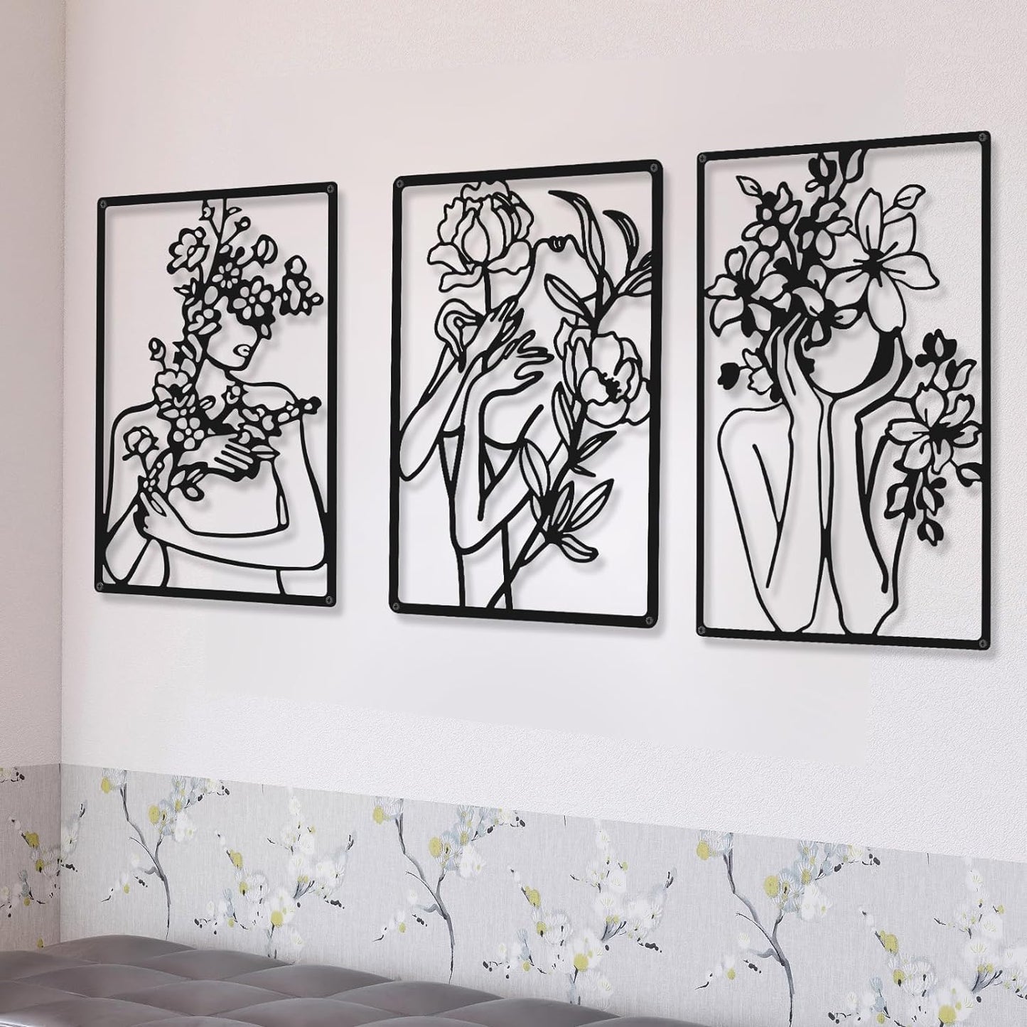 CHENGU 3 Pieces Metal Minimalist Abstract Woman Wall Art Line Drawing Wall Art Decor Single Line Female Home Hanging Wall Art Decor for Kitchen Bathroom Living Room (Black, Hand)