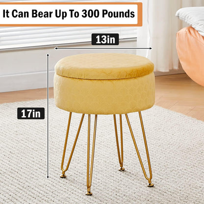 Cpintltr Footrest Footstools Round Velvet Ottoman with Storage Space Soft Vanity Chair with Memory Foam Seat Small Side Table Hallway Step Stool 4 Gold Metal Legs with Adjustable Footings Champagne