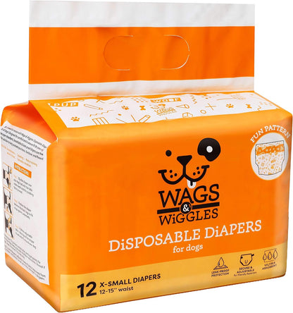 Wags & Wiggles Female Dog Diapers | Doggie Diapers for Female Dogs | Medium Dog Diapers, 16.5"-21" Waist - 12 Pack