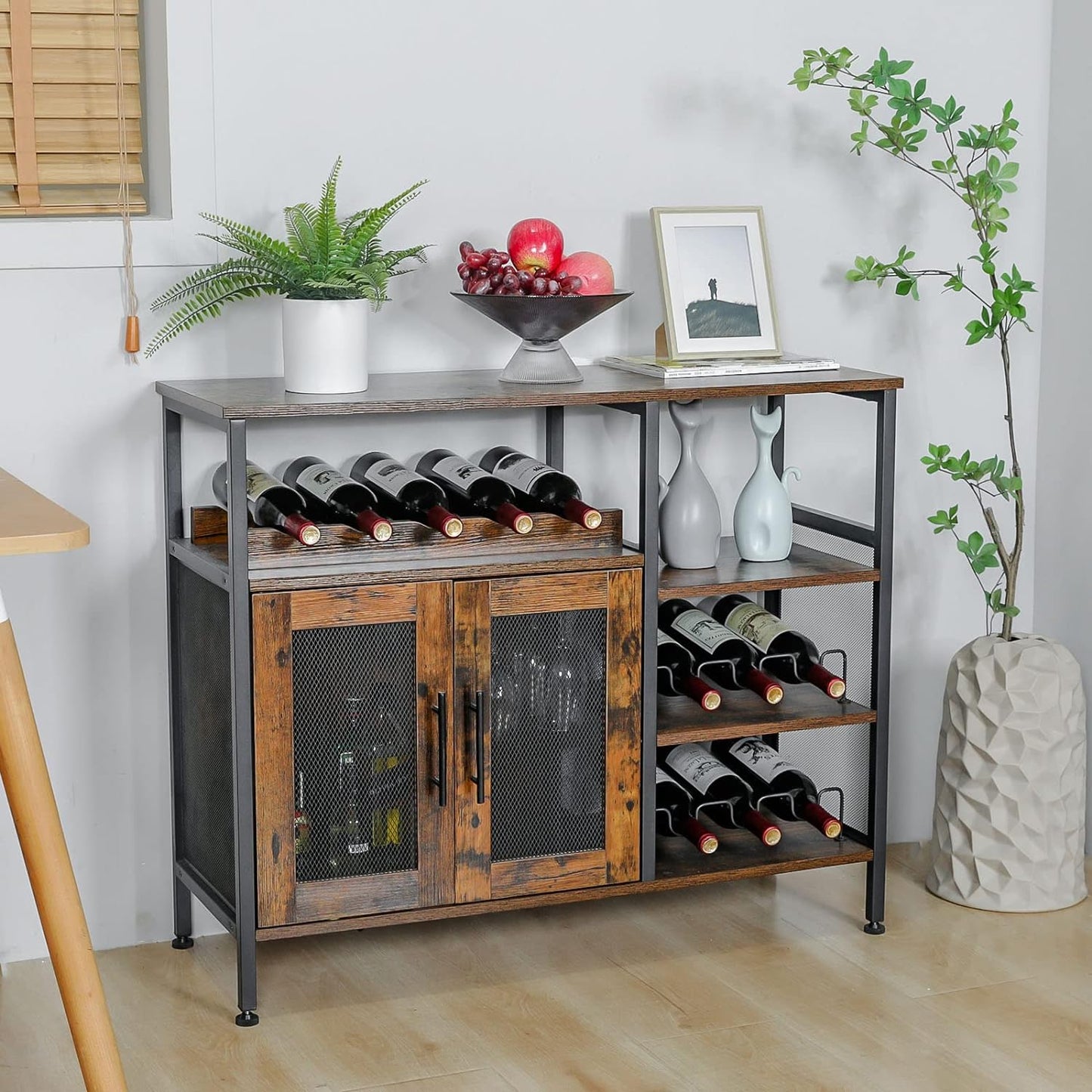 X-cosrack Wine Bar Rack Cabinet with Detachable Wine Rack, Coffee Bar Cabinet with Glass Holder, Small Sideboard and Buffet Cabinet with Mesh Door, Rustic Brown, Large