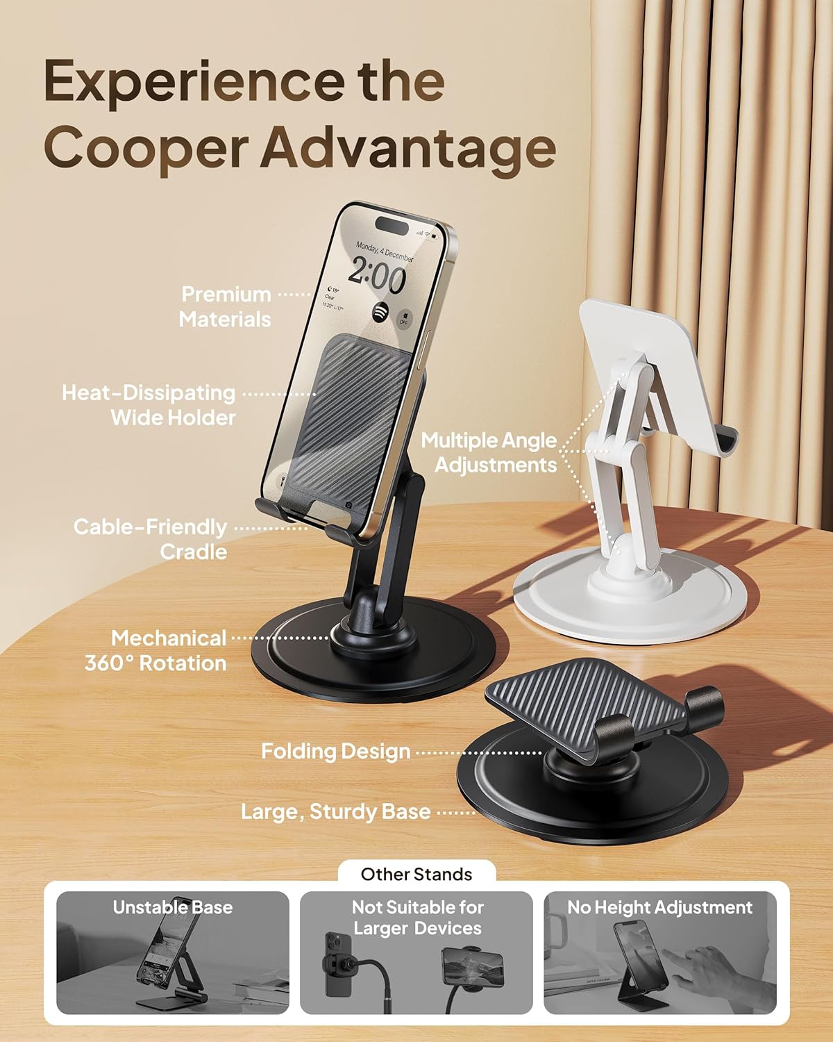 Cooper 360 Stand - Adjustable Cell Phone Stand for Desk | 360 Click-Rotating, Multi-Angle, Non-Slip Metal Base, Foldable & Portable | iPhone Stand for Desk, Cell Phone Stand Holder (Piano Black)