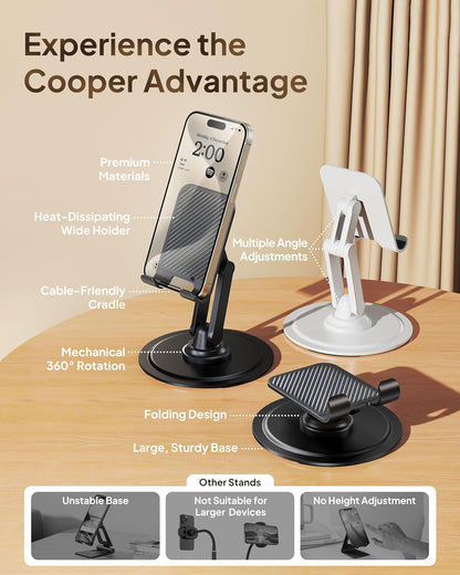 Cooper 360 Stand - Adjustable Cell Phone Stand for Desk | 360 Click-Rotating, Multi-Angle, Non-Slip Metal Base, Foldable & Portable | iPhone Stand for Desk, Cell Phone Stand Holder (Piano Black)