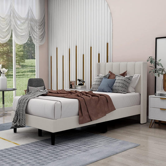 Wooden Twist Modern Rectangular Velvet Upholstery Bed with Soft Wingback Headboard Transform Your Bedroom Into a Sanctuary of Comfort and Style with Our Upholstery Bed (Beige) (Twin)