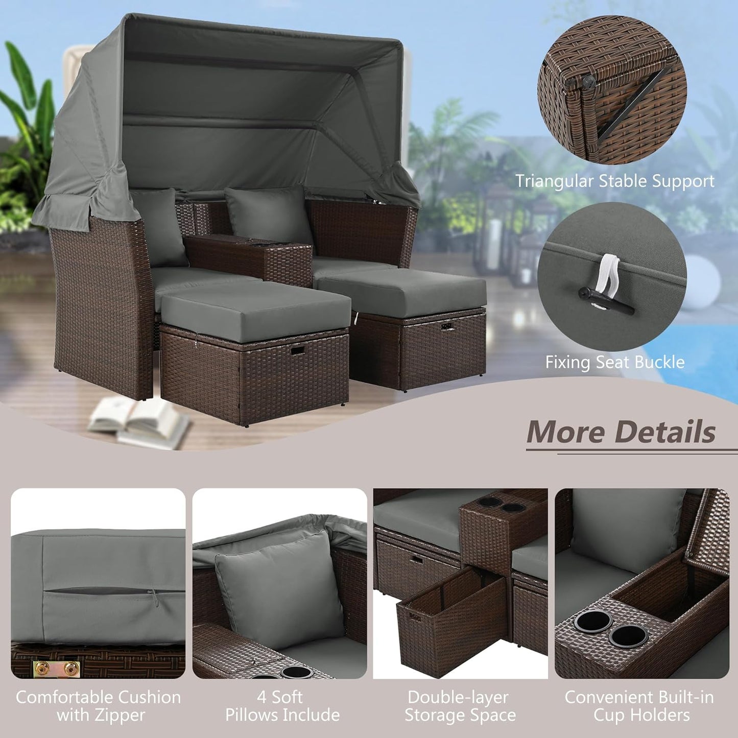 Morhome 5 Pieces Patio Furniture Sets All Weather Wicker Rattan Sectional Sofa Outdoor Conversation with Adustable Backrest, Cushions, Ottomans and Lift Top Coffee Table for Poolside, Garden, Backyard