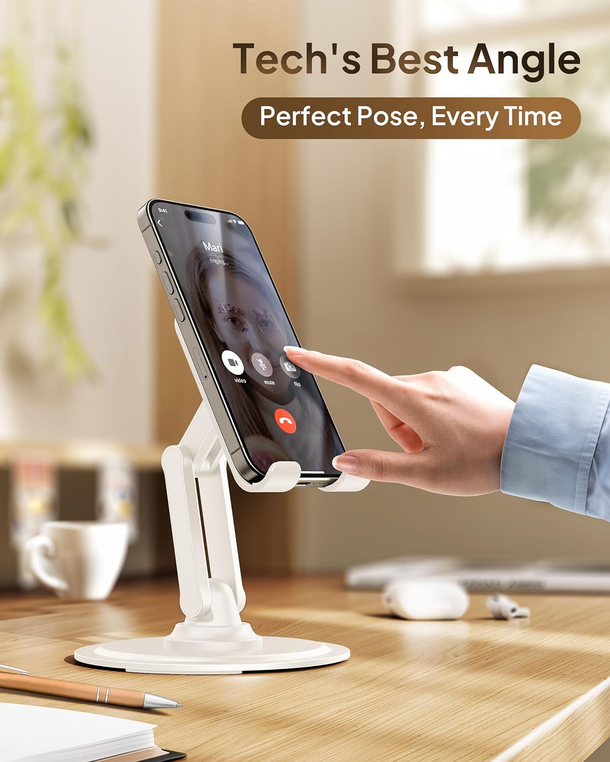 Cooper 360 Stand - Adjustable Cell Phone Stand for Desk | 360 Click-Rotating, Multi-Angle, Non-Slip Metal Base, Foldable & Portable | iPhone Stand for Desk, Cell Phone Stand Holder (Piano Black)