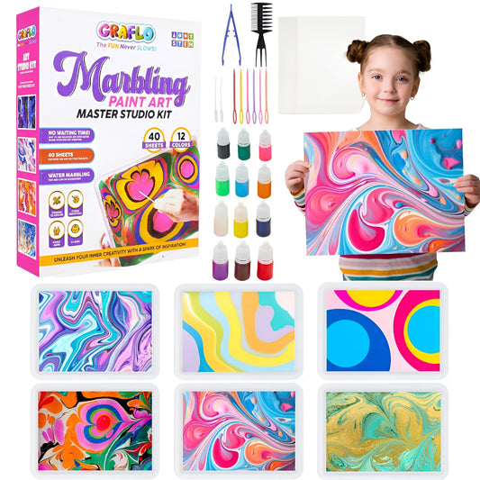 GRAFLO Marbling Paint Art & Crafts Kit - Water Marble Painting Set, Craft Kits for Girls & Boys, 12 Vibrant Colors & 40 Sketch Papers, STEM Engaging Activities, Water Marbling - For Kids 4+ Years