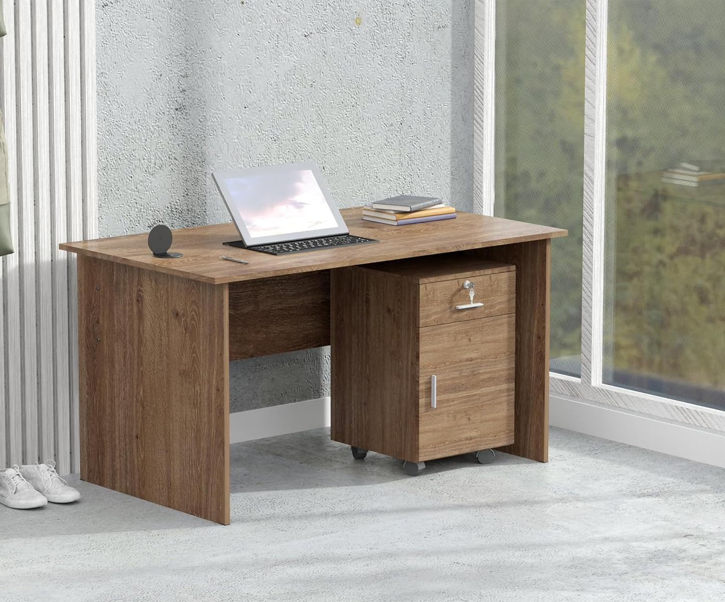 Mahmayi Writing Desk, MP1 160x80 Modern Wood Writing Table with Mobile Drawers - Versatile Corner Desk, Stylish and Functional Home Office Furniture - Oak (160cm With Drawer)