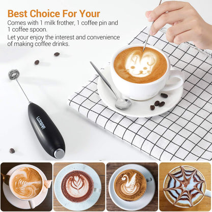 LUXEAR One Touch Milk Frother Handheld, Battery Operated Electric Hand Foamer Blender for Lattes, Whisk Drink Mixer for Coffee, Cappuccino, Frappe, Hot Chocolate with Stainless Steel Stand - Black