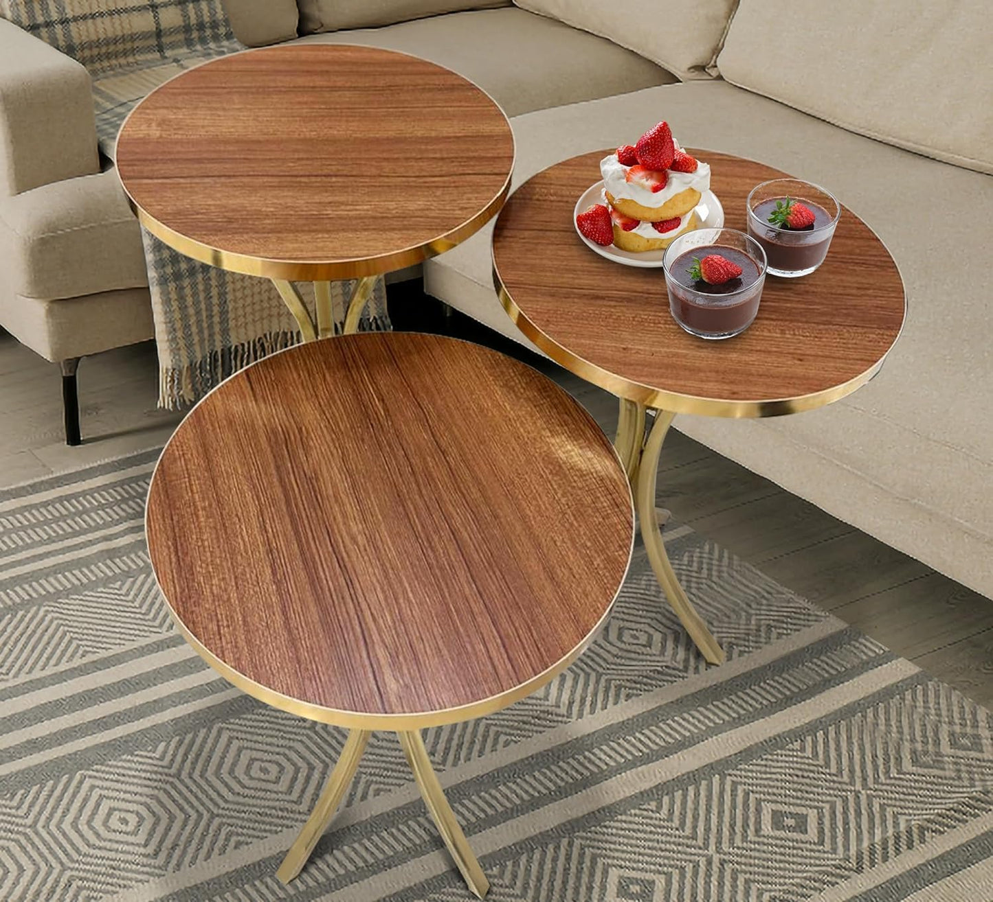 LHFHOMT- Round Coffee table set Nesting Coffee Table Set of 3 Pieces, Wooden Top, Gold Metal legs End Table Desk for Living Room, Balcony, Office, Sofa Side (White - Black Lines)