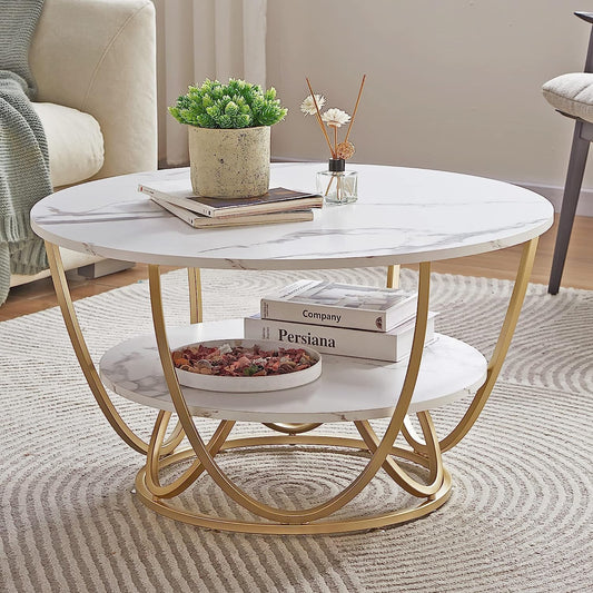 Ereteken ART Round Gold Coffee Table,2 Tier Coffee Tables for Living Room,Circle Coffe Table with Storage Modern Center Tea Table Wooden Faux Marble Top Metal Legs Accent Table (White)