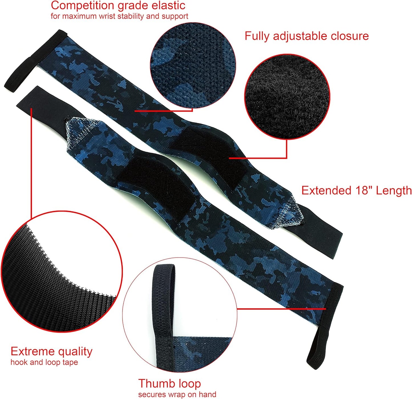 Pair of 18 inch Professional Weightlifting gym elasticated wristband/wrist wraps/wrist support straps, for Weightlifting, Powerlifting, Squash, Boxing.(Blue Camouflage)