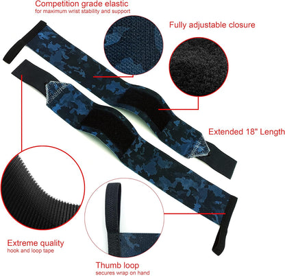 Pair of 18 inch Professional Weightlifting gym elasticated wristband/wrist wraps/wrist support straps, for Weightlifting, Powerlifting, Squash, Boxing.(Blue Camouflage)