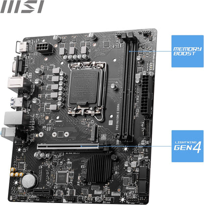 MSI PRO H610M-E DDR4 Motherboard, Micro-ATX - Supports Intel 12th Gen Core Processors, LGA 1700-2 x DIMMs (3200MHz), 1x PCIe 4.0 x16 slot, 1 x M.2 Gen3, USB 3.2 Gen1, 1G LAN, HDMI 1.4 & VGA