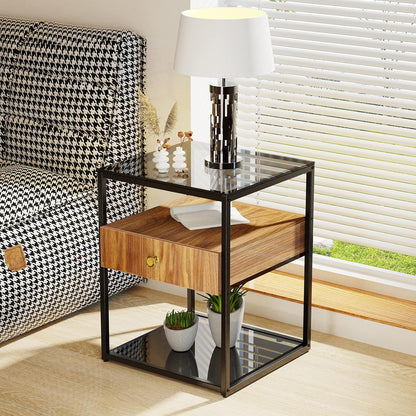 Bedside Table Nightstand Storage Drawers: 2 Tier Bronze Tinted Tempered Glass Small End Side Tables with MDF Wood Drawer Black Metal Frame Rustic Square Night Stand Sofa Side Furniture Living Room