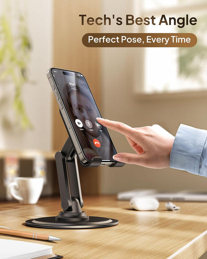 Cooper 360 Stand - Adjustable Cell Phone Stand for Desk | 360 Click-Rotating, Multi-Angle, Non-Slip Metal Base, Foldable & Portable | iPhone Stand for Desk, Cell Phone Stand Holder (Piano Black)