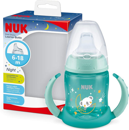 NUK First Choice Sippy Cup Night | 6-18 Months | 150 ml | Glow in The Dark | Handles & Orthodontic latex teats | Leak-Proof | Anti-Colic | BPA-Free | Green