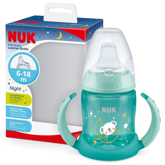 NUK First Choice Sippy Cup Night | 6-18 Months | 150 ml | Glow in The Dark | Handles & Orthodontic latex teats | Leak-Proof | Anti-Colic | BPA-Free | Green