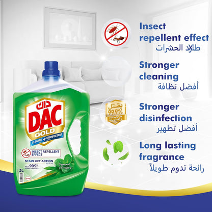 DAC Gold Multi-Purpose Disinfectant & Liquid Cleaner, with 3X thicker formula (kills 99.9% of germs), Insect Repellent effect, 3L + 1L