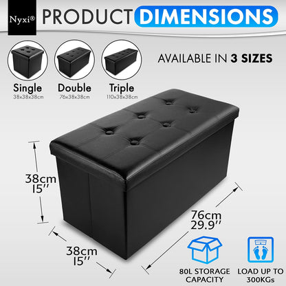 Nyxi Faux Leather 76 * 38 * 38cm Black Ottoman Foldable Storage Boxes Seat Foot Stool Storage Box with Lids for Kids Toys, Bedroom, Hallway, Living Room…