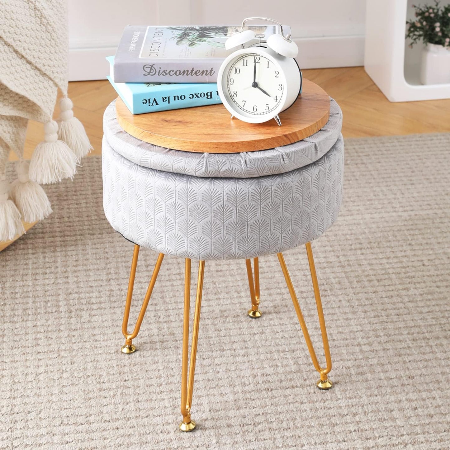 Cpintltr Footrest Footstools Round Velvet Ottoman with Storage Space Soft Vanity Chair with Memory Foam Seat Small Side Table Hallway Step Stool 4 Gold Metal Legs with Adjustable Footings Champagne