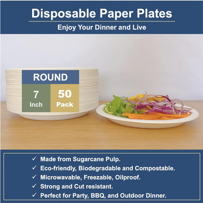 EcoHousing [10 Inch, 50 Pieces] 3-Compartment Disposable Plates, Nature Compostable Dinner Plates, Hot or Cold Use, Strong and Large, Microwavable, Eco-Friendly